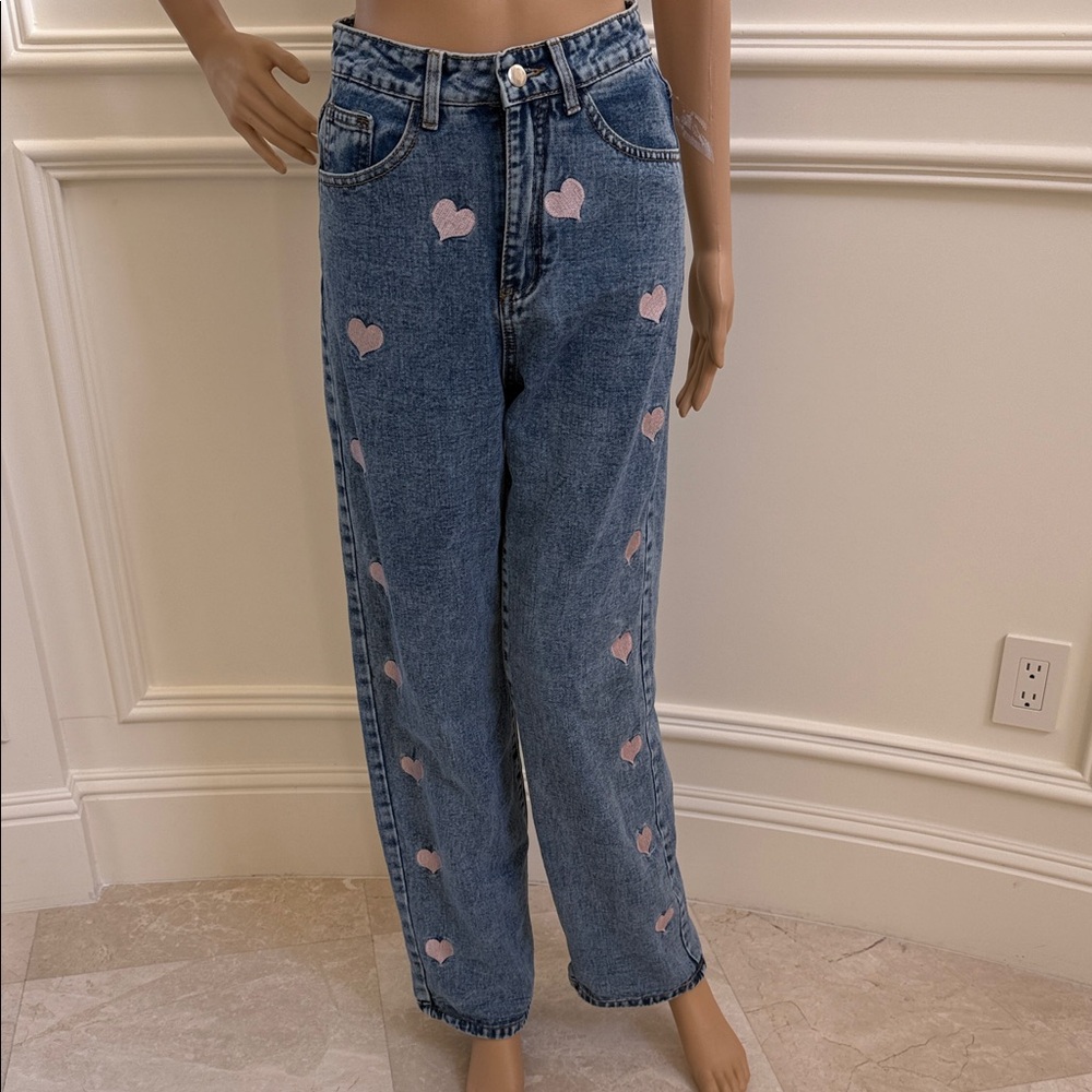 Women's Blue Jeans with Pink Heart Accents